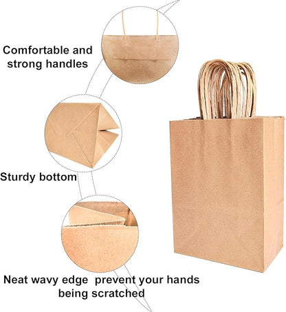 BAG BOX 25 Pack 5.9x3.1x8.25 Inch Brown Gift Bags with Handles,Bulk Kraft Paper Bags for Shopping, Retail, Merchandise, Wedding, Party Favors, Paper Grocery Sacks