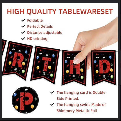 123pcs 13th Red and Black Party Decorations,Happy Birthday Banner Flags Paper,cups Straws Forks Cake Toppers Dessert plates Tablecloths and dinner plates,Officially a Teenager 13th Birthday Supplies