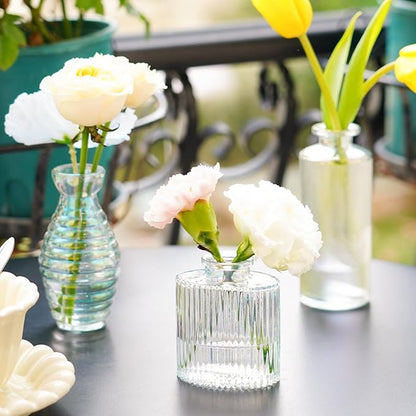 Bud Vases Set of 12, Iridescent Glass Vase for Decor Centerpieces, Small Vases for Flowers, Clear Irised Flower Vase Ribbed Modern Bud Vases in Bulk, Colorful Vases for Wedding Party Table Decoration
