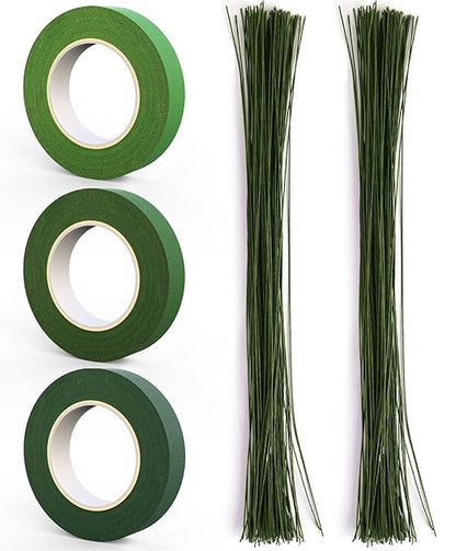 GLAMFIELDS 200 Pieces Green Floral Stem Wire 14 inch 22 Gauge Wire and 3 Rolls 1/2" Wide Floral Tape (30Yard/roll) for Bouquet Stem Wrap, Flower Arrangements Kit, DIY Crafts, Flower Making Supplies