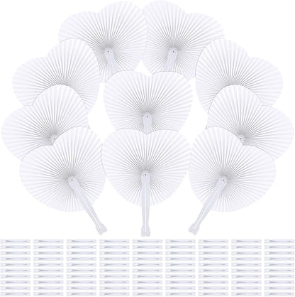 Aodaer 100 Pack Heart Shaped Folding Fans White Paper Fans Handheld Fans with Plastic Handles for Party, Wedding, Anniversary Decoration