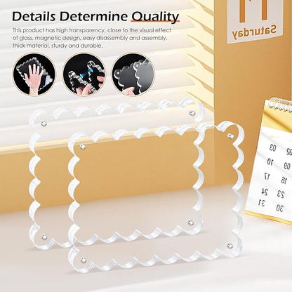 Magnetic Photo Frame 6×8Inch -3Pack Acrylic Scalloped Glass Frames, 12+12mm Thick Double-Sided Design, Clear Picture Frame with Thick Block | Trendy Home Gift Set Stylish Acrylic Frames (3Pack, 6×8)