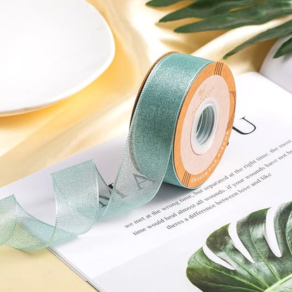 1 Inch Wide Sheer Chiffon Ribbon - Pearl Silk Woven Ribbon Suitable for Gift Wrapping, Wedding Decor, Home Decor, Girl Hair Accessories Handmade DIY (25 Yards/roll) (Light Dark Green)
