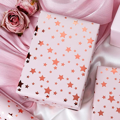 Burymento Gold Foil Five-Pointed Star Wrapping Paper, Reversible Pink Gift Wrap for Birthday, Valentines, Mothers day, Graduation, Wedding, Fathers day, Baby Shower, Christmas (17in x 32.8ft)