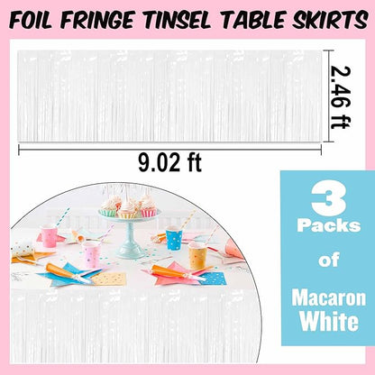 3 Pack 29 x108 Inch Macaron White Foil Fringe Table Skirts Metallic Banner for Tinsel Streamer Garland Backdrop for Parade Floats Mother's Day, Graduate, Birthday, Wedding Party Decoration