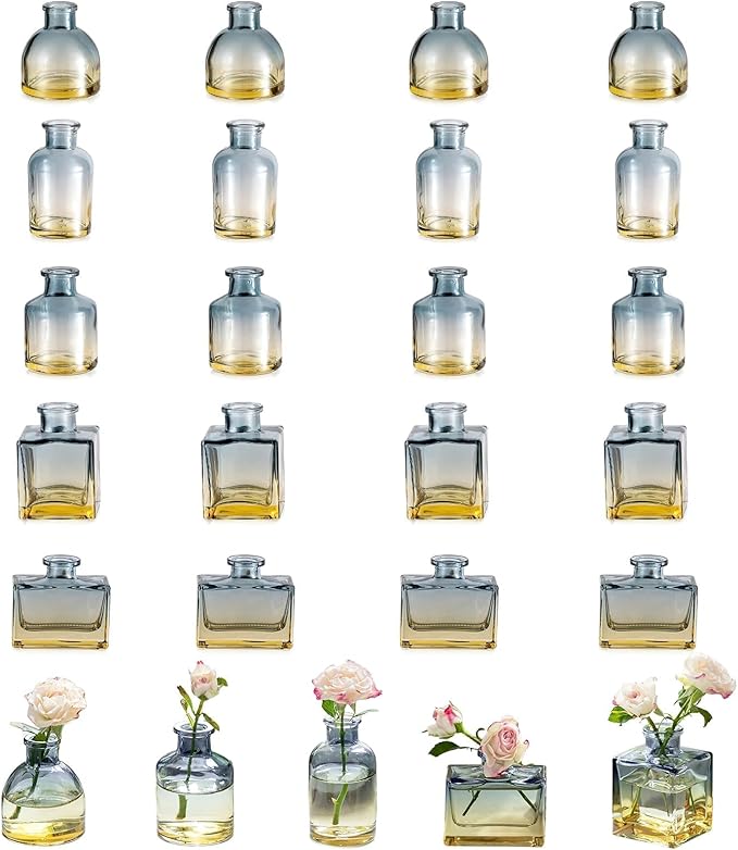 Glasseam Mini Bud Vases for Centerpieces: Clear Small Flower Vase Set of 20 Cute Tiny Glass Table Centerpieces Modern Wedding Birthday Party Baby Shower Dining Room Decoration Yellow Blue