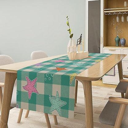 Starfish Plaid Table Flag Green Plaid and Marine Life Starfish Kitchen Table Flag Suitable for Birthday Party Restaurant Decoration Outdoor Picnic 13 * 90 Inch