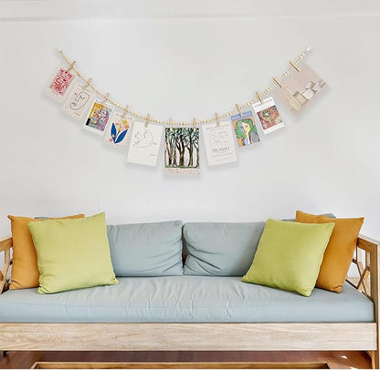 2PCS Hanging Photo Display with Clips, Photo String with 12 Clips, Boho Wooden Bead Garland Collage Picture for Classroom, Bedroom, Office Wall Decor