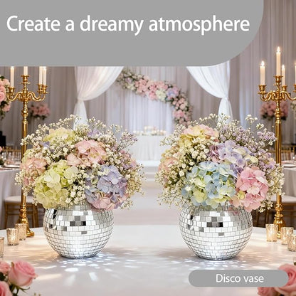 2 Pcs Disco Ball Vases,6" X 6.7" Disco Ball Centerpieces Decor,Silver Mirror Plastic Vase Disco Ball Planter for Wedding,Birthday,Office Table Decorations