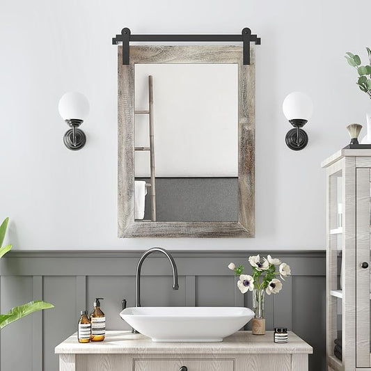 COGOOD Farmhouse Barn Door Mirror - 21 x 30 Rustic Wood Framed Wall Mirror for Bathroom, Living Room, Entryway Wall Decor (Yellow White)