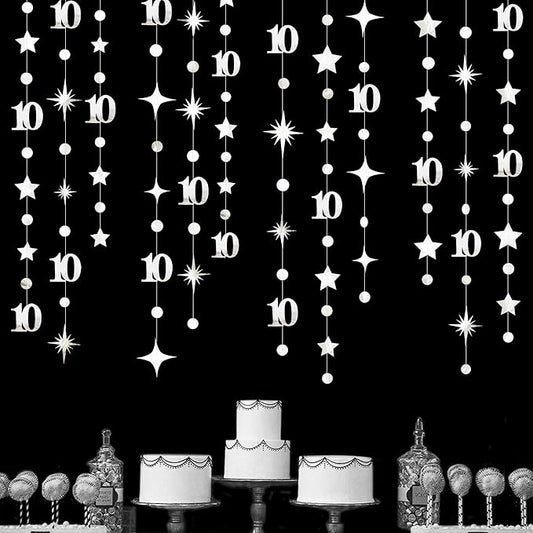 Silver 10th Birthday Decorations Number 10 Circle Dot Twinkle Star Garland Metallic Hanging Streamer Banner Backdrop for Girls Boys Double Digits Ten Year Old Birthday 10th Anniversary Party Supplies