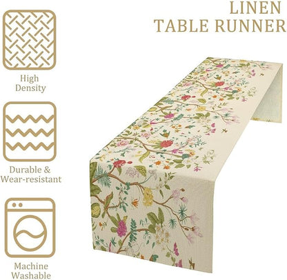 Floral Table Runner, Vintage Birds Wildflowers Herbs Nature Theme Linen Long Table Kitchen Dining Table Holiday Party Decorative Table Runner,13in（33cm） W * 60in（152cm） L