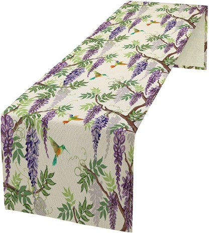 Vintage Bird Flower Table Runner Seasonal Spring Purple Wisteria Garden Plants Lavender Florals Farmhouse Country Kitchen Dinner Runner Dining Table Decoration for Home Party Holiday 13"x120"