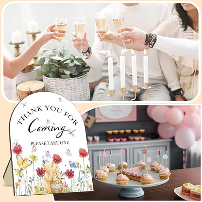 Winnie Bridal Shower Sign, Classic Pooh Thank You Wooden Sign for Women Men, Floral Butterfly Decor Wedding Shower Favors Sign, Bridal Shower Gifts for Guests, Thank You for Coming Please Take One Sign 9*11IN
