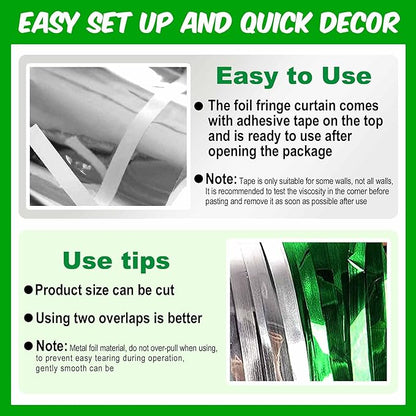 6 Pack Silver Green Foil Fringe Curtains Backdrop, 3.28 x 8.2 Ft Metallic Streamers Tinsel Curtains Background for Photo Booth, Birthday, Weddings, Carnivals, Graduation, Themed Party Decorations