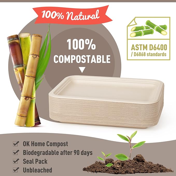 Gezond 50 Pack 14 Inch Disposable Food Trays Eco-friendly Heavy-Duty Large Paper Plates Compostable Sugarcane Platters for Crawfish Lobster Seafood Party Natural