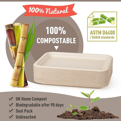 Gezond 50 Pack 14 Inch Disposable Food Trays Eco-friendly Heavy-Duty Large Paper Plates Compostable Sugarcane Platters for Crawfish Lobster Seafood Party Natural