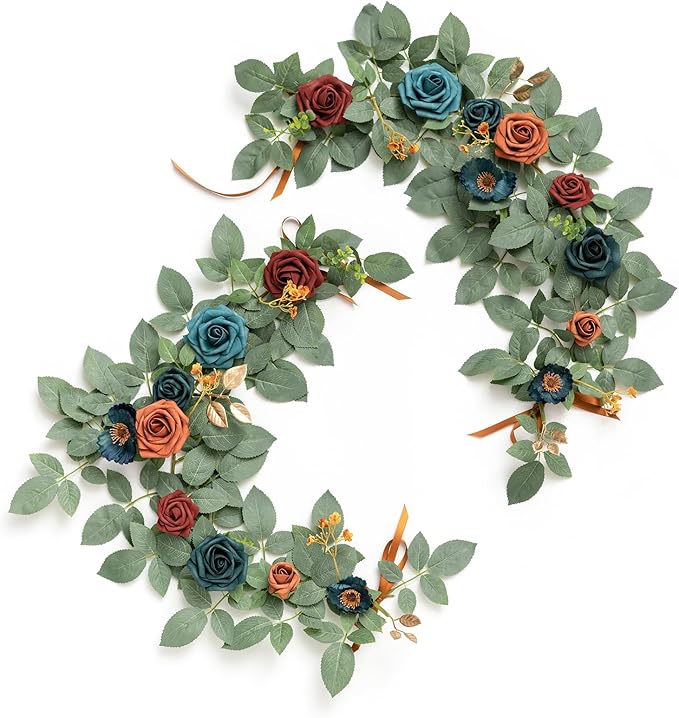 Ling's moment 2Pack 2ft Artificial Flowers Garland Teal Blue & Terracotta Lantern Flower Centerpieces Wedding Aisle Decor Chair Flowers Arch Floral for Pew Signs DIY Table Wall Window Decoration