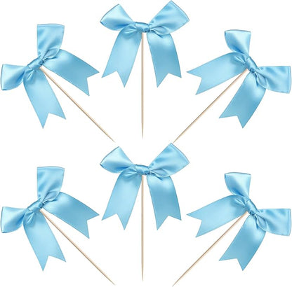 24 PCS Bow Cupcake Toppers Bowknot Cake Toppers Bow Girls Birthday Cake Decorations Bow Cake Dessert Picks Bowknot Cupcake Picks for Baby Shower Birthday Wedding Bridal Engagement Party Supplies Blue