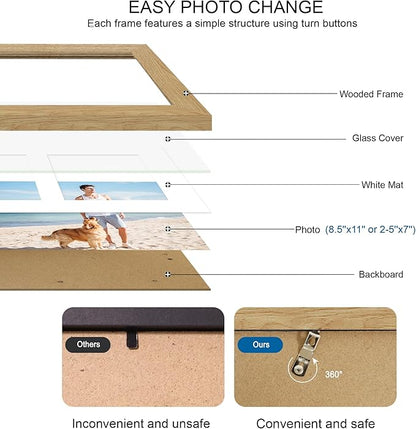 8.5x11 Picture Frame Set of 2, Natural Oak Certificate Document Frames with Glass Collage Frame, Display Pictures Two 5x7 With Mat or 8.5 x 11 Without Mat for Wall Hanging or Tabletop