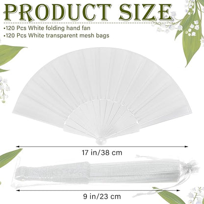 Wenqik 120 Pcs Wedding Folding Hand Fans Bulk Silk Fabric Chinese Handheld Foldable Clack Fans with Plastic Ribs for Party, Wedding Gifts, Line Dancing, Home Decorative (White)