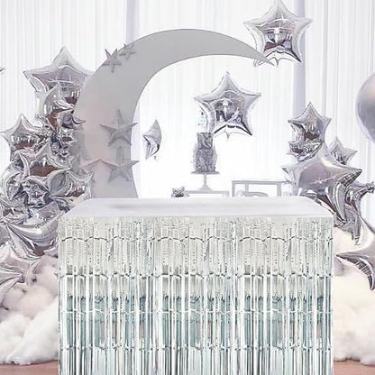 Silver Streamers Party Decorations, 2 Packs Silver Table Skirts Metallic Foil Fringe Tinsel for Birthday Disco Bachelorette Baby Shower Wedding Graduation Float Parade Party Supplies - 29x108 Inch