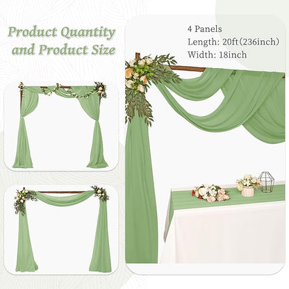 4 Panels Wedding Arch Draping Fabric 28"x 20Ft Chiffon Wedding Arch Drape Chiffon Fabric Drape Sheer Backdrop Curtain for Nuptials Party Ceremony Birthday Reception Backdropn Ceiling Decor(Sage Green)