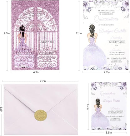 Personalized Wedding Invitations with Envelopes and RSVP Cards Blank 25pcs Light Purple Glitter Laser Cut Invitation Pockets for Wedding Bridal Shower Birthday Quinceañera Anniversary