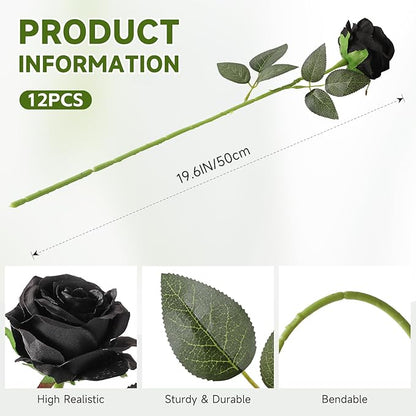 Tifuly Black Roses Artificial Flowers -12 pcs Realistic Single Long Stem Fake Silk Roses Bouquet for Party Home Wedding Centerpiece Office Halloween DIY Decor