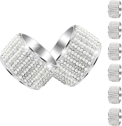 Diamond Pearls12cs Napkin Rings Rhinestone Crystal Glass Framed Napkin Holder Handmade Serviette Buckles for Christmas, Easter, Thanksgiving Day Wedding Banquet Home Party Decoration Dining Table