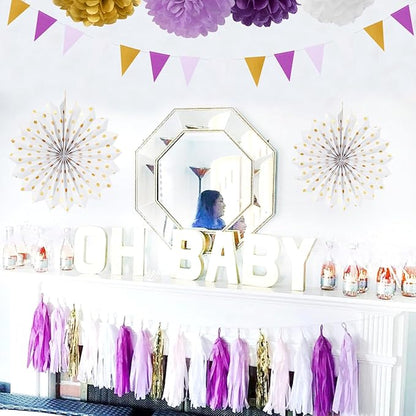 Purple-Lavender White Gold Party Decorations - 20pcs Graduation Birthday Paper Lanterns Fans,Tissue Pom Poms,Honeycomb Balls,Baby Shower Bridal Wedding Bachelorette Valentines Day Decor Burgleda
