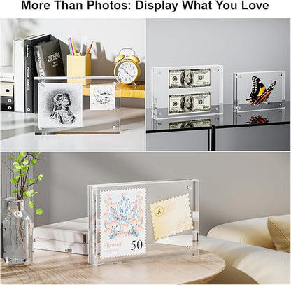 3 Pack 4x6 Acrylic Picture Frames - 20% Thicker Double Sided Magnetic Frame with UV Protection - Freestanding Clear Frameless Display for Tabletops - Modern Photo Frame Set for Home & Office Decor