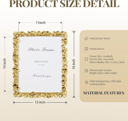 Cuspin 11x14 Picture Frame Vintage Gold Frames, Ornate Leaf Textured Hand-Crafted Resin with Glass Front, Gold Picture Frames for Tabletop Display, Retro Design Home Decor
