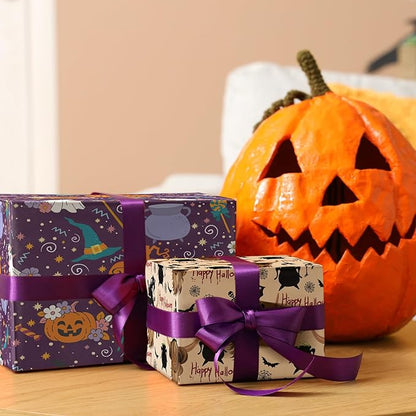 LeZakaa Funny Halloween Wrapping Paper Roll for Kids, Highland Cow Design with Witches Bats Pumpkins for Fall Party, Halloween Trick-or-Treat Gifts Decor, Mini Roll 17 in x 16.4 Ft