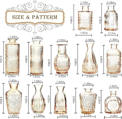 Bud Vases Set of 12,Glass Bud Vases in Bulk,Small Flower Vases for Centerpieces,Mini Vintage Vase for Wedding, Home Table Decor,Christmas,Party Decoration,Gold Amber