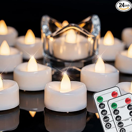Remote Candles, 24PCS Flameless Tea Lights Candle Battery Operated with Timer, 400+Hours Remote Control LED Tea Lights Votive Candle - 1.5'' D X 1.25'' H- Warm White Light
