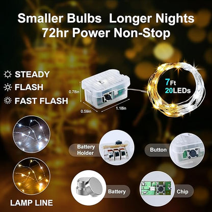 Aogist 50 Pack Fairy Lights 3 Modes 7ft 20 LED Waterproof,Silver Wire Firefly Starry Moon Mini String Lights for Mason Jars Christmas DIY Crafts Wedding Party Bedroom,Cool White&Warm White
