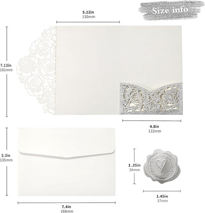 DORIS HOME 50pcs Laser Cut Quinceanera Invitation Pockets with Envelopes Silver Glitter, 5.12" x 7.12"Invitation Cards for Birthday, Miss 15, Sweet 16 (No Inserts Included)