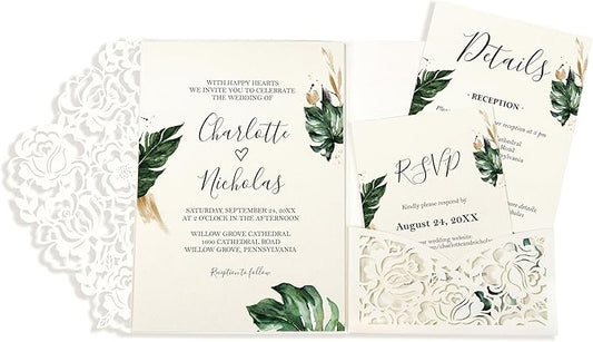 DORIS HOME 50pcs Laser Cut Wedding Invitation Pockets with Envelopes Ivory White, 5.12" x 7.12"Invitation Cards for Wedding, Anniversary (No Inserts Included)
