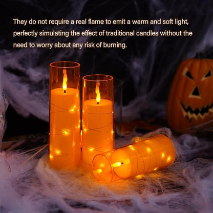 Flameless LED Candles with Timer 9 Pc Flickering Flameless Candles for Romantic Ambiance and Home Decoration Stable Acrylic Shell,with Embedded Star String，Battery Operated Candles（Orange）
