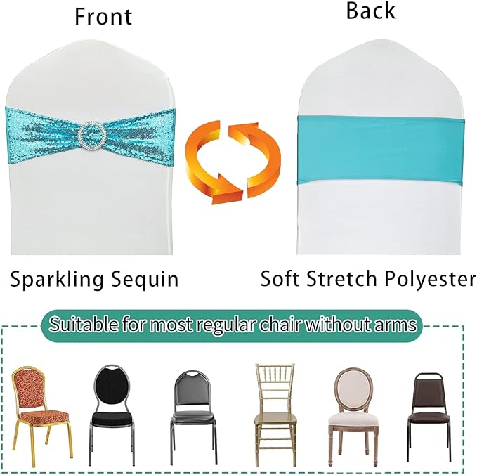 25 Pcs Chair Sashes Sequin Stretch Chair Bands Spandex Polyester Bows for Party Hotel Wedding Banquets Decoration - Aqua