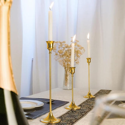 Metal Candle Holders for Candlesticks Taper Candlestick Holders Set Vintage Decorative Centerpiece Candelabra Tall Candle Stands for Halloween Thanksgiving Christmas (Gold, 1 Set (3 pcs))