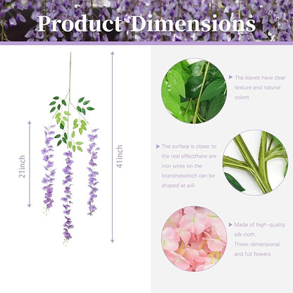 12 Pack Light Purple Wisteria Hanging Flowers, 3.44 Ft Fake Hanging Flowers, Artificial Wisteria Garland Vines for Wedding Room Backdrop Outdoor Patio Garden Decoration