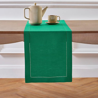 Solino Home Linen Hemstitch Table Runner 120 Inches Long - 100% Pure Linen Emerald Green Table Runner 14 x 120 Inch for Christmas - Classic Hemstitch