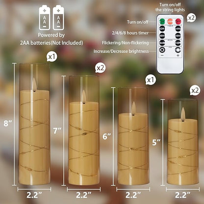 Gold Flameless Candles with Remote and String Light, 2.2"x 5",5",6",7",7",8" LED Battery Operated Plastic Flickering Timer Pillar Candles(Pack of 6,Turn On/Off String Light Mode)
