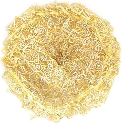 Staruby Organza Gift Bag 100Pcs Gold Sheer Organza Bag Mesh Favor Bags Drawstring Jewelry Rattan Printed Gift Pouches for Wedding Party Favors Couple Shower Christmas Gifts Candy Bags (3x4 Inches)