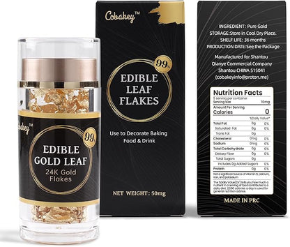 Cobakey Genuine Edible Gold Leaf Flakes - 50mg Edible Gold Flakes for Cake Decoration (Cupcake, Chocolate, Steak, Drink & Cooking), PureGold Leaf with Edible Glitter & Wooden Tweezers