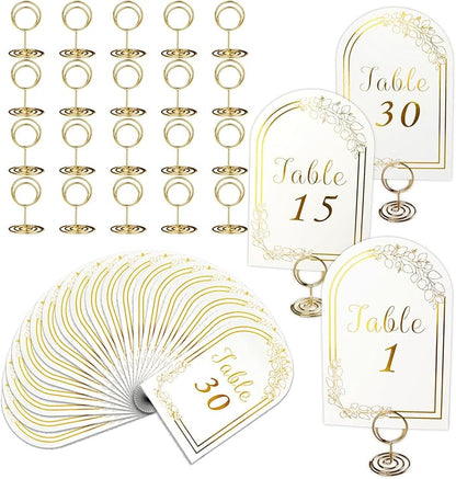 Wedding Table Numbers 1-30, 30 White Gold TableNumber Cards with 30 Gold Number Holders, 1 Set of 30 Table Numbers for Wedding Reception(Card and Holder)