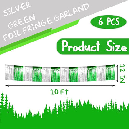 6 Pack 10 Feet Silver Green Foil Fringe Garland Metallic Tinsel Streamers Banner Wall Hanging Backdrop Banner for Parade Floats, Thanksgiving, Christmas, Birthday, Halloween Party Decorations