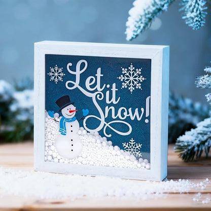 Christmas Wooden Tabletop Sign Blue Snowman with Snowflake Block Sign Xmas Table Centerpiece for Winter Holiday Party Home Shelf Fireplace Mantle Decoration